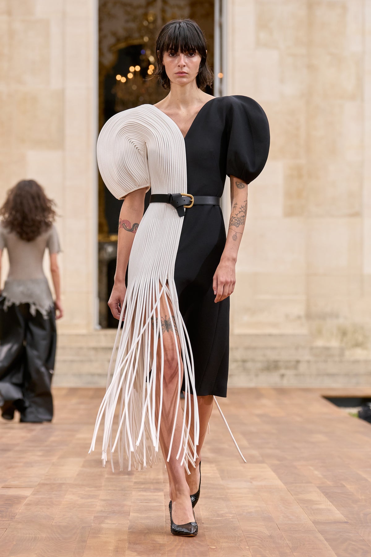 Lysander Fringe Midi Dress in Ivory Nappa Leather & Black Wool Silk Cady