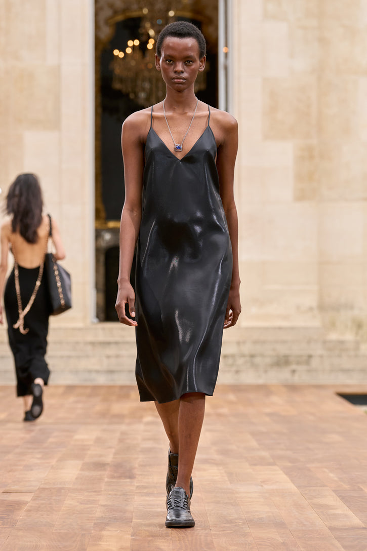 Dinah Slip Midi Dress in Black Metallic Silk Twill