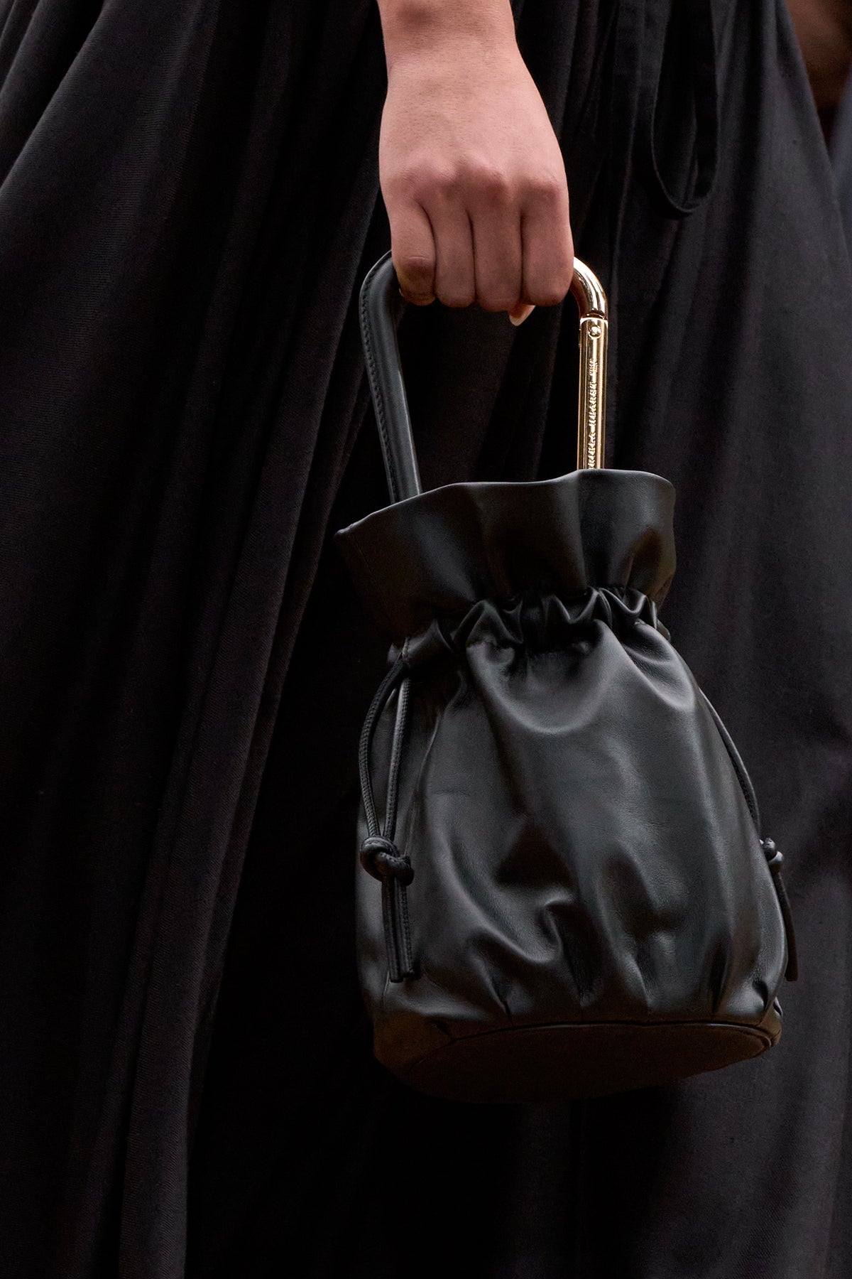 Drawstring Bag in Black Soft Leather