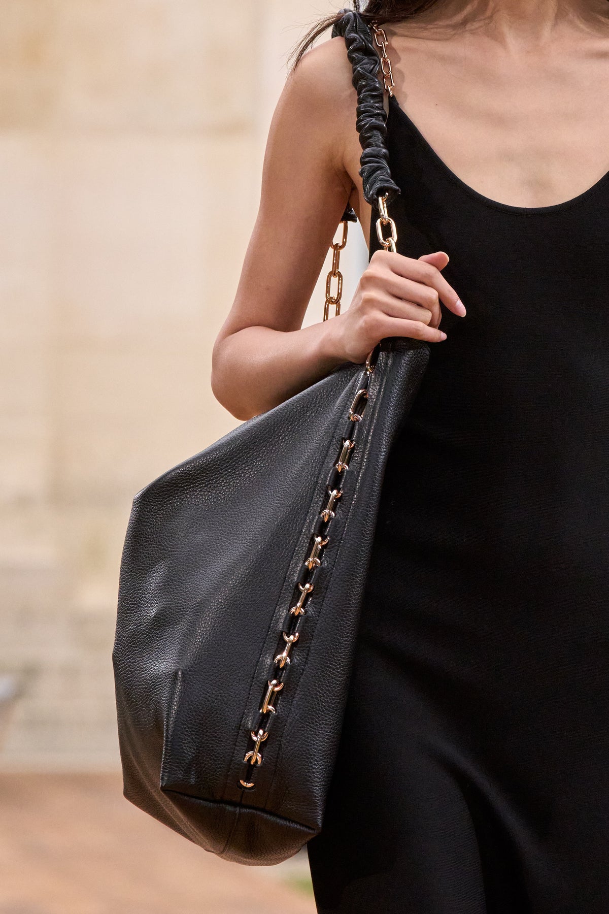 Chain Tote Bag in Black Textured Leather