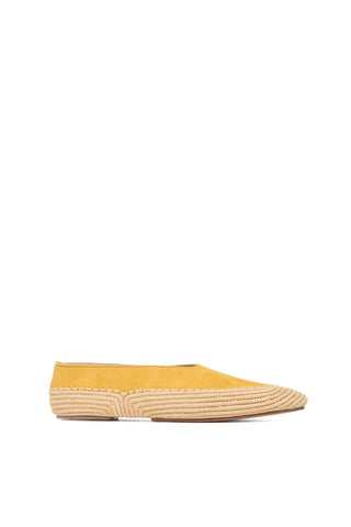 Golden Birch Suede Raffia Strength Flat Shoe - Side View | Gabriela Hearst