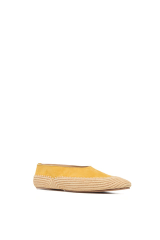 Golden Birch Suede Raffia Pointed Toe Flat - Three Quarter View | Gabriela Hearst