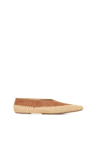 Camel Suede Raffia Strength Flat Shoe - Side View | Gabriela Hearst