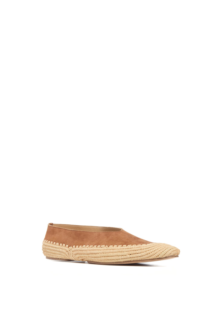 Strength Flat Shoe in Camel Suede & Natural Raffia