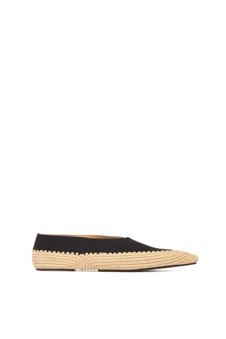 Strength Flat Shoe in Black Suede & Natural Raffia