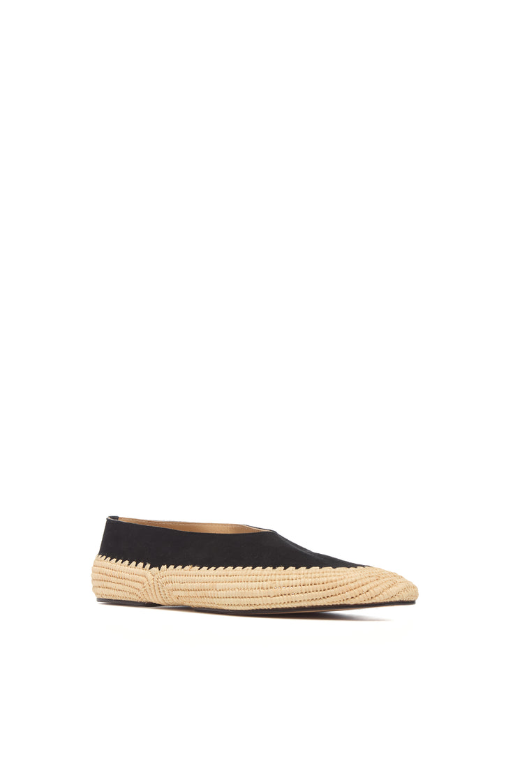 Strength Flat Shoe in Black Suede & Natural Raffia