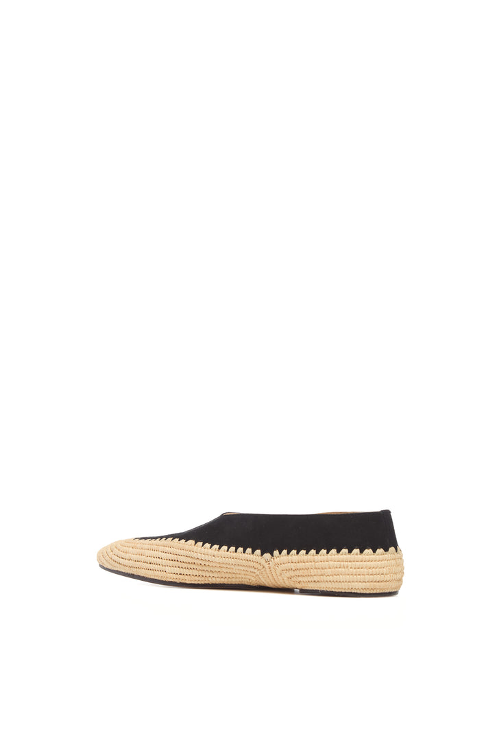Strength Flat Shoe in Black Suede & Natural Raffia