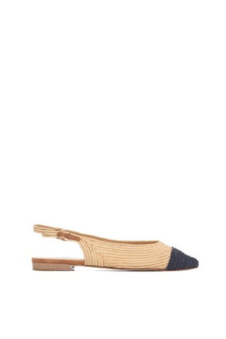 Natural Raffia Strength Slingback Flats with Navy Toe - Side View | Gabriela Hearst