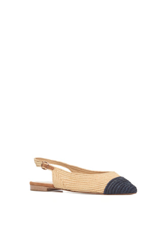 Natural Raffia Slingback Flats with Navy Cap Toe - Three Quarter View | Gabriela Hearst