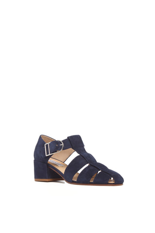 Electric Navy Suede Lyle Block Heel Pump Sandal - Front Three Quarter View | Gabriela Hearst