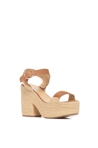 Sardis Platform Sandal in Camel Suede & Natural Raffia