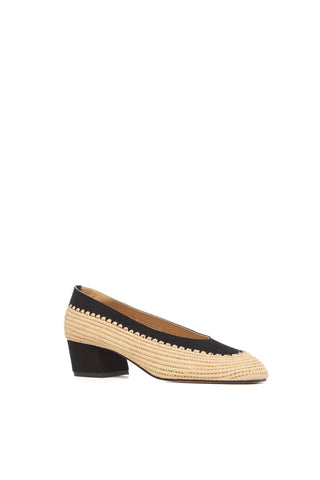 Natural Raffia Black Suede Block Heel Pump - Three Quarter View | Gabriela Hearst