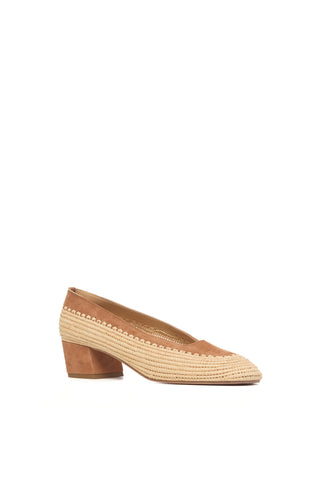 Natural Raffia Camel Suede Block Heel Pump - Three Quarter View | Gabriela Hearst