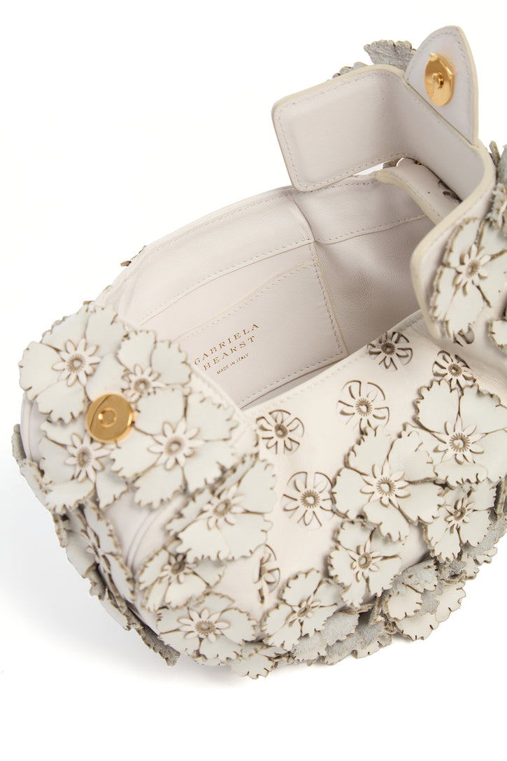 Soft Demi Embroidered Floral Clutch with Chain in Ivory Leather