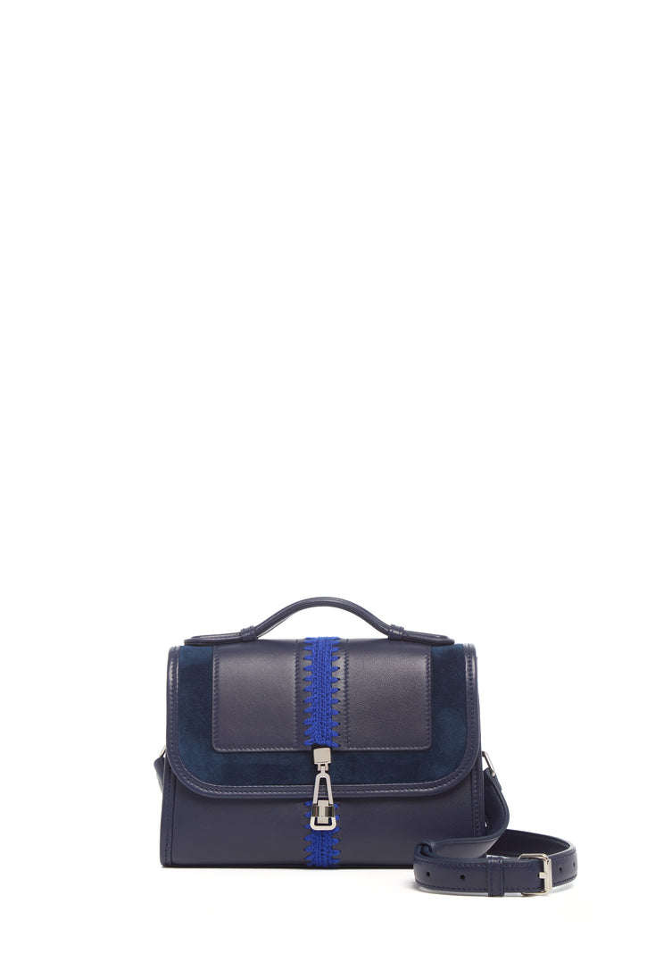 Small Leonora Flap Embroidered Bag in Electric Navy & Cobalt Nappa Leather