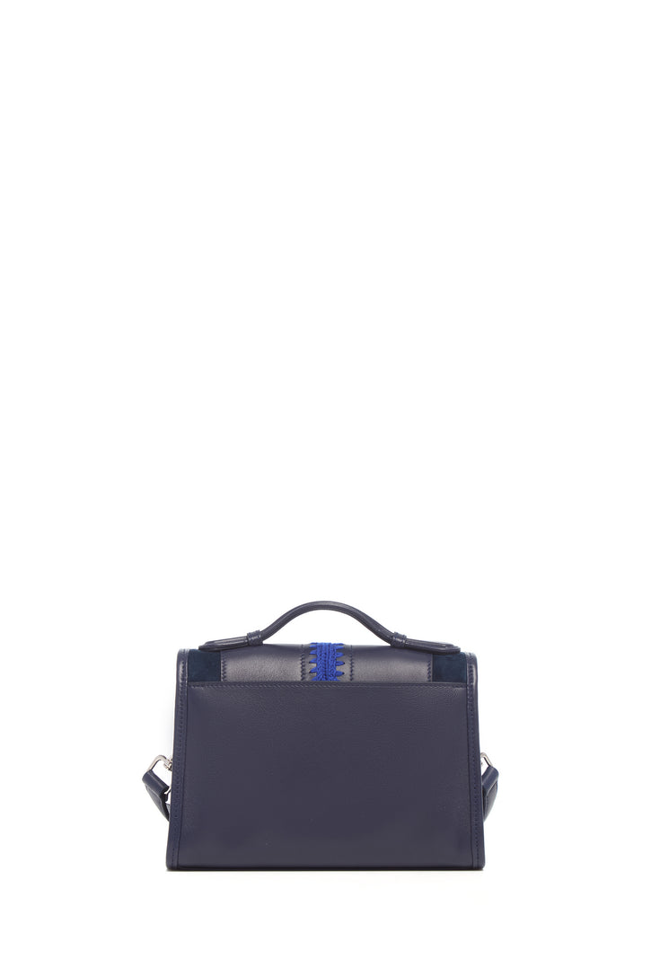 Small Leonora Flap Embroidered Bag in Electric Navy & Cobalt Nappa Leather