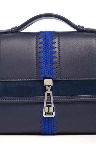 Electric Navy Leonora Bag Cobalt Embroidery Hardware Detail - Close-up View | Gabriela Hearst