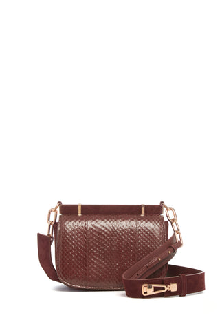 Chocolate Elaphe Snakeskin Dern Crossbody Bag with Brass Chain Strap - Front View | Gabriela Hearst