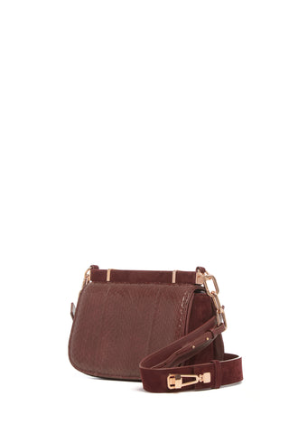 Chocolate Snake Leather Dern Bag with Goat Suede Strap - Back Angle | Gabriela Hearst