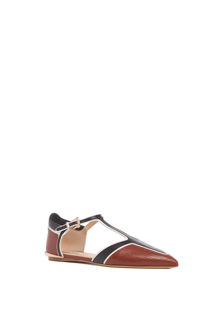 Leya Moto T-Strap Flat Shoe in Cognac Multi Leather