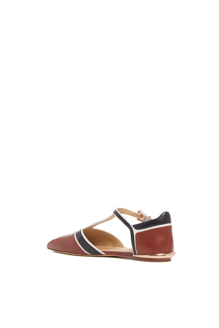 Leya Moto T-Strap Flat Shoe in Cognac Multi Leather
