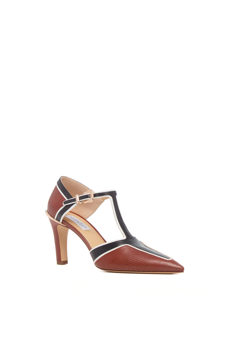 Indi Moto T-Strap Pump in Cognac Multi Leather