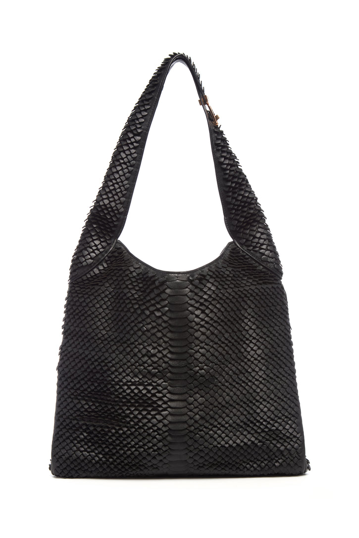 Large Hobo Bag in Black Leather Snake Scales