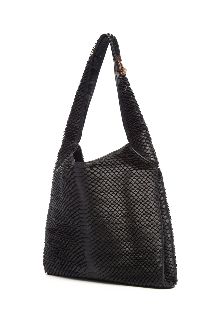 Large Hobo Bag in Black Leather Snake Scales