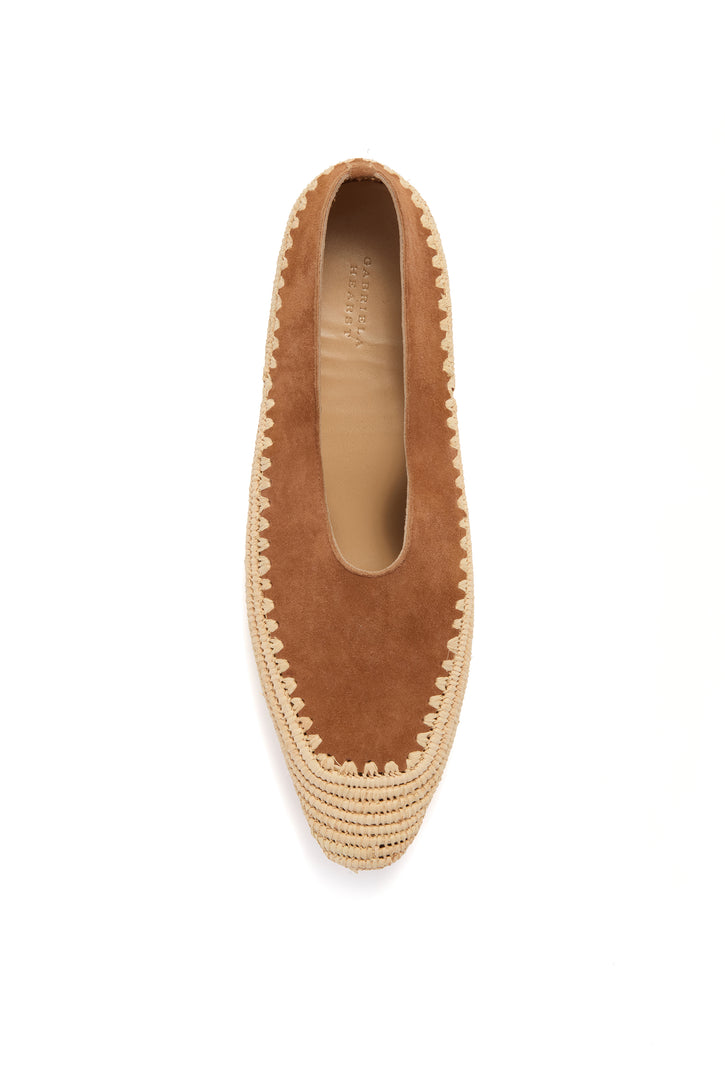 Strength Flat Shoe in Camel Suede & Natural Raffia