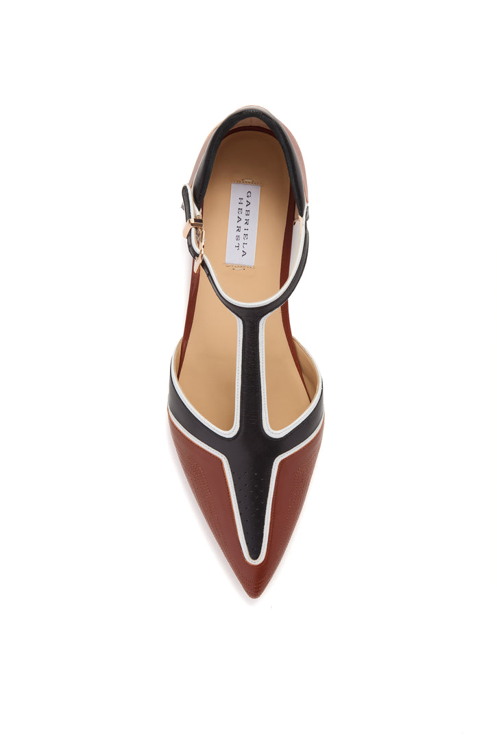 Leya Moto T-Strap Flat Shoe in Cognac Multi Leather