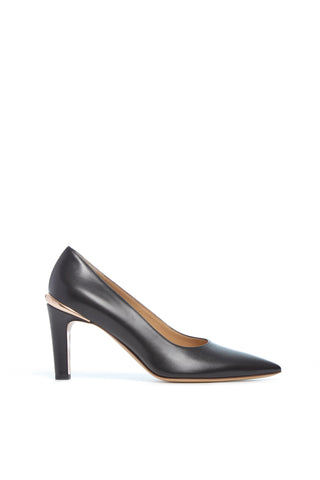 Black Nappa Leather Edwina Stiletto Pump with Gold Detail - Side View | Gabriela Hearst