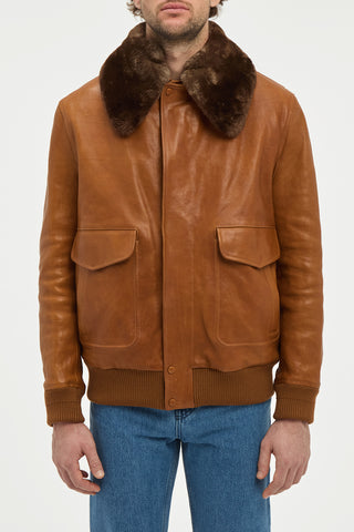 Grant Bomber Jacket in Cognac Vachetta Leather with Recycled Beaver Fur Collar
