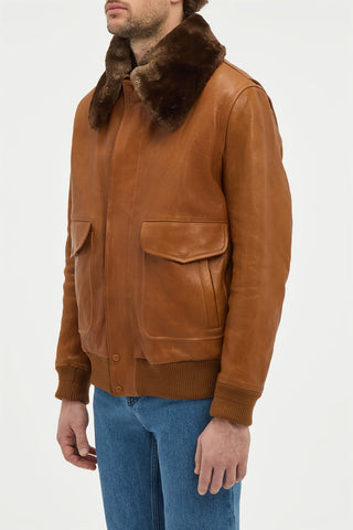 Grant Bomber Jacket in Cognac Vachetta Leather with Recycled Beaver Fur Collar