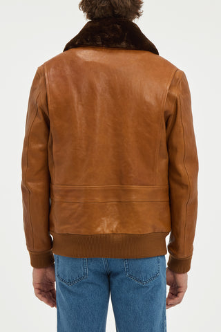 Grant Bomber Jacket in Cognac Vachetta Leather with Recycled Beaver Fur Collar