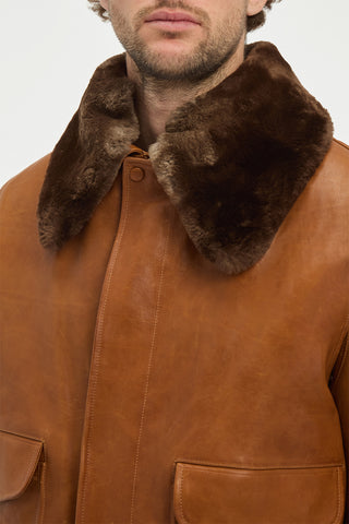 Grant Bomber Jacket in Cognac Vachetta Leather with Recycled Beaver Fur Collar