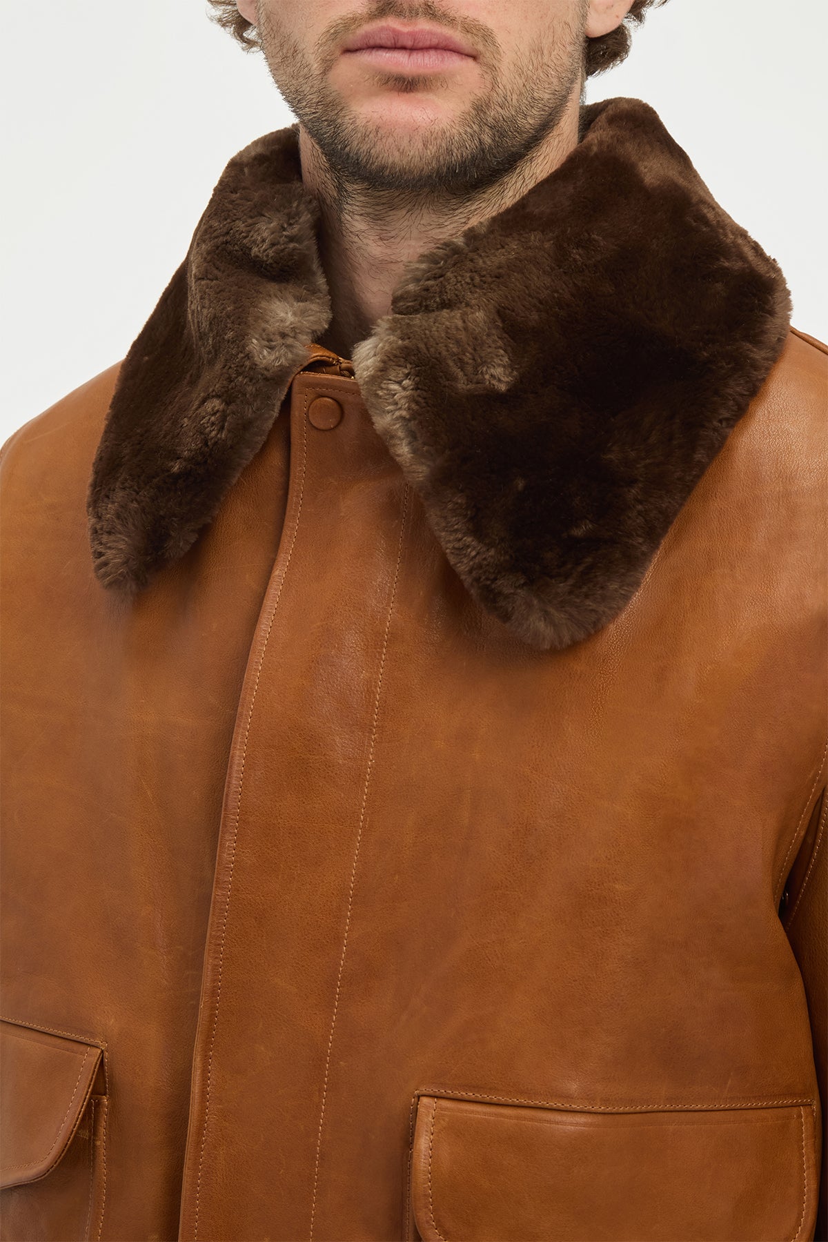 Grant Bomber Jacket in Cognac Vaquetta Leather with Recycled Fur Collar