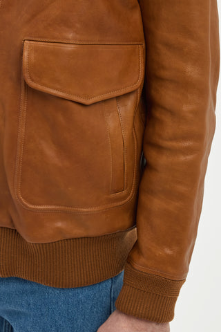 Grant Bomber Jacket in Cognac Vachetta Leather with Recycled Beaver Fur Collar