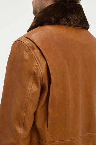 Grant Bomber Jacket in Cognac Vachetta Leather with Recycled Beaver Fur Collar