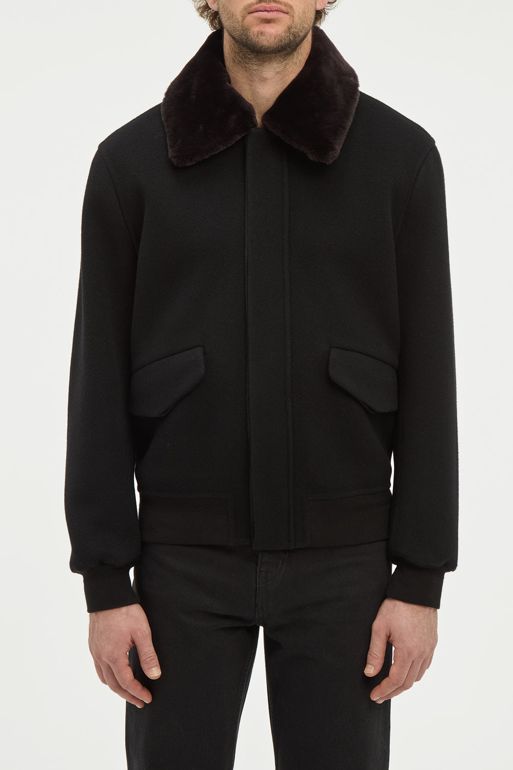 James Bomber Jacket in Black Double-face Recycled Cashmere with Shearling Collar