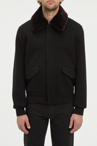 James Bomber Jacket in Black Double-face Recycled Cashmere with Shearling Collar