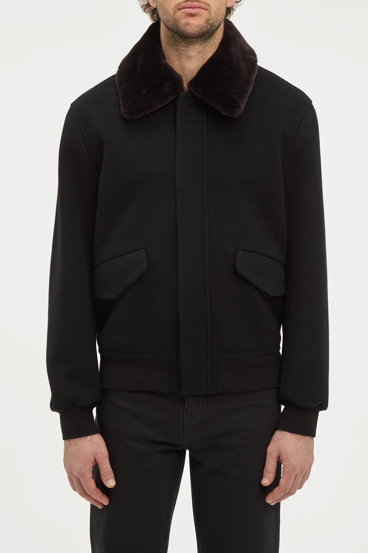 James Bomber Jacket in Black Double-face Recycled Cashmere with Shearling Collar