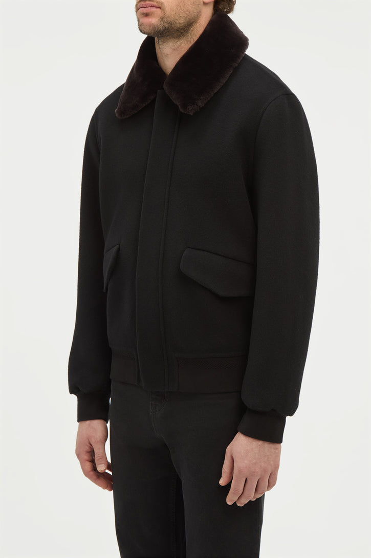James Bomber Jacket in Black Double-face Recycled Cashmere with Shearling Collar
