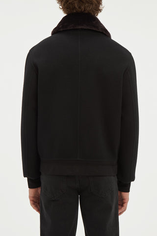 James Bomber Jacket in Black Double-face Recycled Cashmere with Shearling Collar