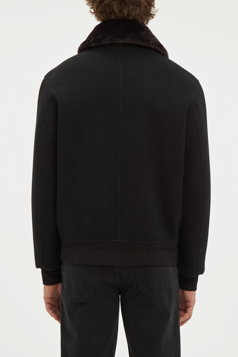 James Bomber Jacket in Black Double-face Recycled Cashmere with Shearling Collar