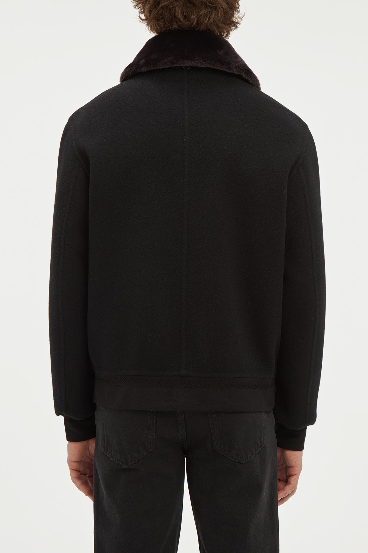 James Bomber Jacket in Black Double-face Recycled Cashmere with Shearling Collar