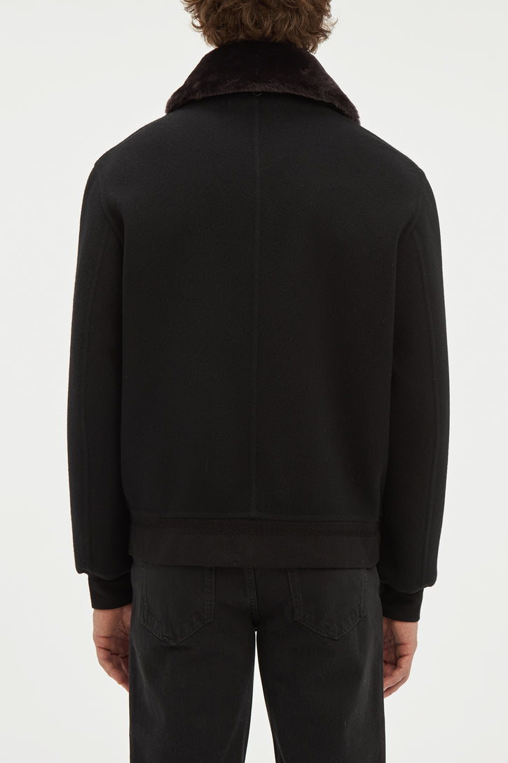 James Bomber Jacket in Black Double-face Recycled Cashmere with Shearling Collar