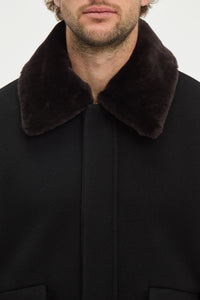 James Bomber Jacket in Black Double-face Recycled Cashmere with Shearling Collar