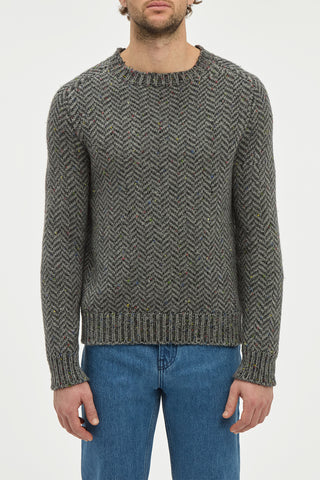 Sermo Knit Crewneck Sweater in Charcoal Multi Specked Aran Cashmere Herringbone