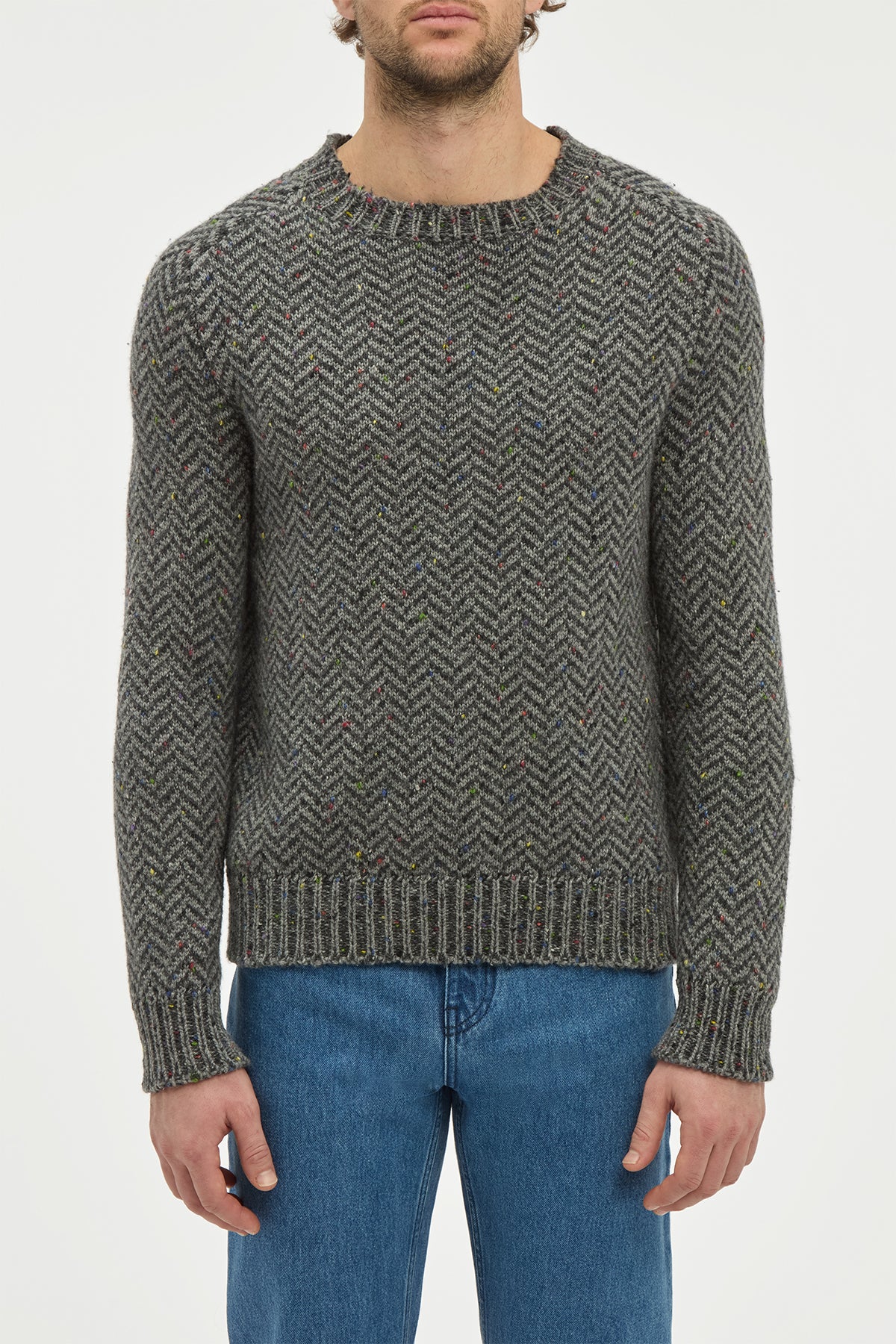 Sermo Knit Crewneck Sweater in Charcoal Multi Specked Aran Cashmere Herringbone