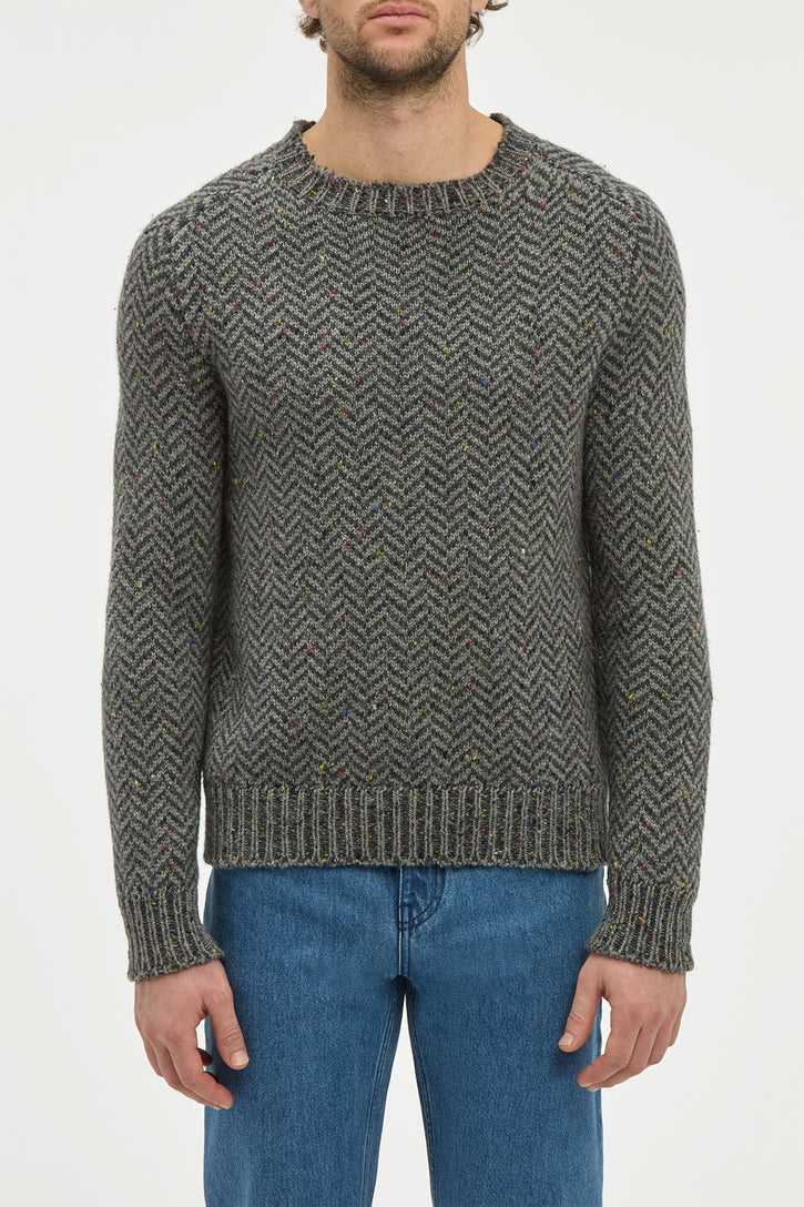 Sermo Knit Crewneck Sweater in Charcoal Multi Specked Aran Cashmere Herringbone